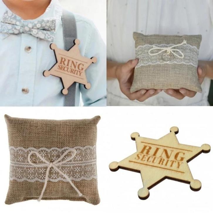 2-delige set met jute ringkussen en houten ringsecurity badg, Hobby en Vrije tijd, Feestartikelen, Geboorte of Huwelijk, Nieuw