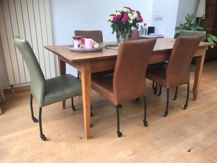 Set van 6 leren eetkamerstoelen - met wieltjes - diverse, Huis en Inrichting, Stoelen, Nieuw, Leer, Ophalen of Verzenden