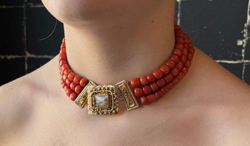 Ketting - 14 karaat Geel goud Bloedkoraal - Koraal - Fraai, Sieraden, Tassen en Uiterlijk, Antieke sieraden