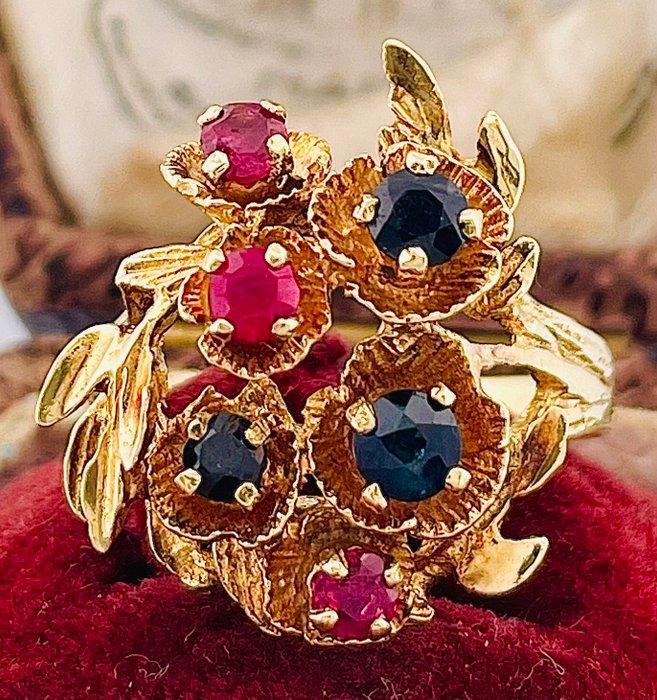 Ring - 18 karaat Geel goud Robijn - Saffier, Sieraden, Tassen en Uiterlijk, Ringen