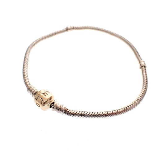 Pandora armband; Zilver met gouden slot; Snake Chain | 22 cm, Sieraden, Tassen en Uiterlijk, Armbanden, Overige kleuren, Gebruikt