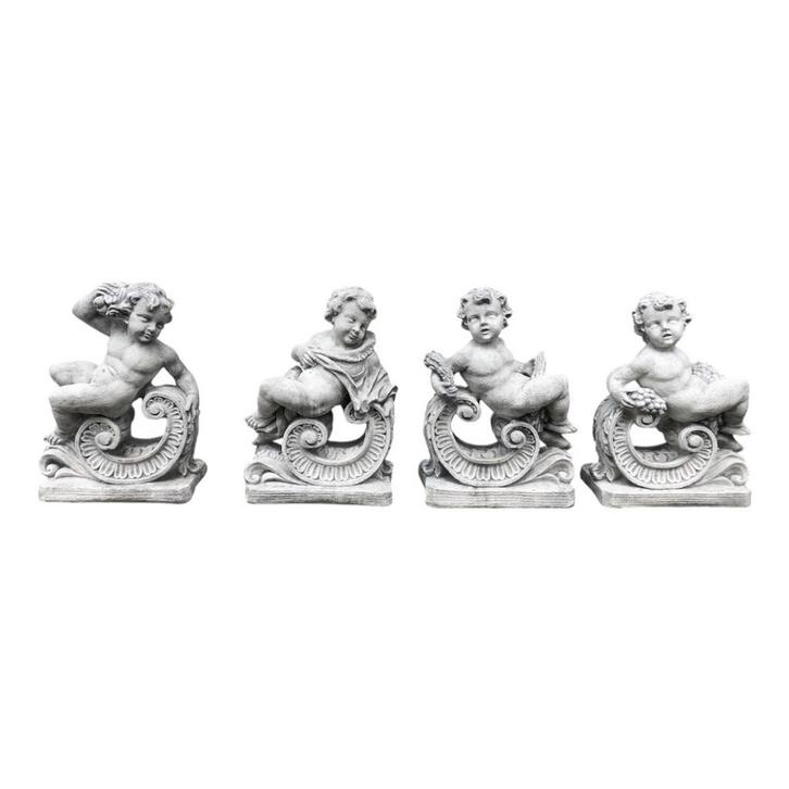 Set van 4 engelen - jaargetijden op krul - steen - 81 cm, Tuin en Terras, Tuinbeelden, Ophalen of Verzenden