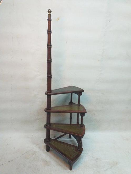 Trapje - Leder, Mahonie - Bibliotheektrapje 4 trede, Antiek en Kunst, Curiosa en Brocante
