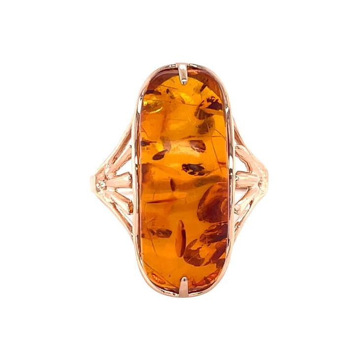 Roségouden vintage ring met heated amber 14 krt, Sieraden, Tassen en Uiterlijk, Ringen, Nieuw, Ophalen of Verzenden
