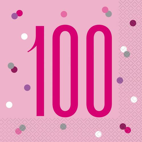 Servetten 100 Jaar Roze 33cm 16st, Hobby en Vrije tijd, Feestartikelen, Nieuw, Verzenden