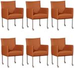 Set van 6 Cognac leren moderne kuipstoel - poot rond rvs met, Huis en Inrichting, Stoelen, Overige kleuren, Nieuw, Leer, Ophalen of Verzenden