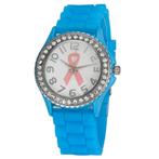 Fako® - Horloge - Kristal Siliconen - Pink Ribbon - Blauw, Sieraden, Tassen en Uiterlijk, Horloges | Dames, Nieuw, Verzenden