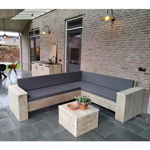 Houten loungeset | Steigerhouten hoekbank | Houten bank, Tuin en Terras, Tuinsets en Loungesets, Bank, Hocker, 6 zitplaatsen, Nieuw