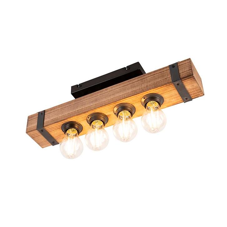 Industriële plafondlamp hout met staal 4-lichts - Reena, Huis en Inrichting, Lampen | Plafondlampen, Nieuw, Overige materialen