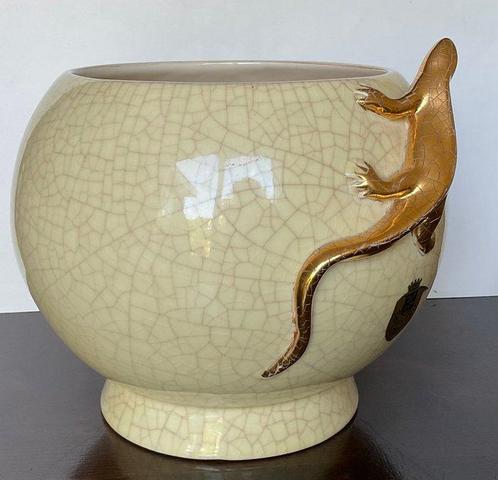 Longwy - Pot - Cache pot met 24k vergulde salamander -, Antiek en Kunst, Antiek | Glas en Kristal