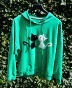 Groene hoodie met katten print, Groen, Maat 42/44 (L), Zo goed als nieuw, Verzenden