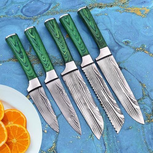 Gold Deer - 5 Piece professional knives set - Hammered Steel, Antiek en Kunst, Antiek | Keukenbenodigdheden