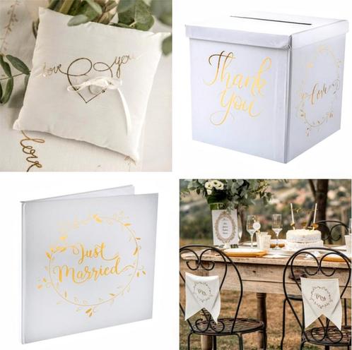 5-delige luxe bruidsset Just Married wit met goud, Hobby en Vrije tijd, Feestartikelen, Geboorte of Huwelijk, Nieuw, Versiering