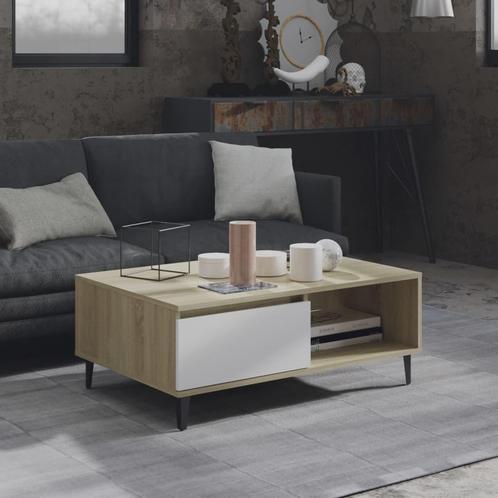 vidaXL Salontafel 90x60x35 cm bewerkt hout wit en sonoma, Huis en Inrichting, Tafels | Salontafels, 50 tot 100 cm, Nieuw, Overige houtsoorten