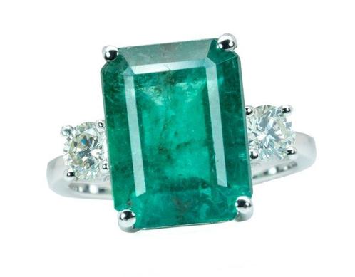 Ring - 14 karaat Witgoud, Groen (Zambia) -  8.77ct. tw., Sieraden, Tassen en Uiterlijk, Ringen