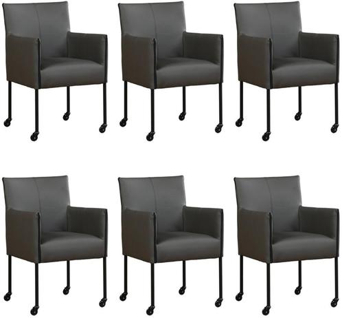 Set van 6 Donkergrijze leren moderne kuipstoel - poot rond z, Huis en Inrichting, Stoelen, Vijf, Zes of meer stoelen, Overige kleuren