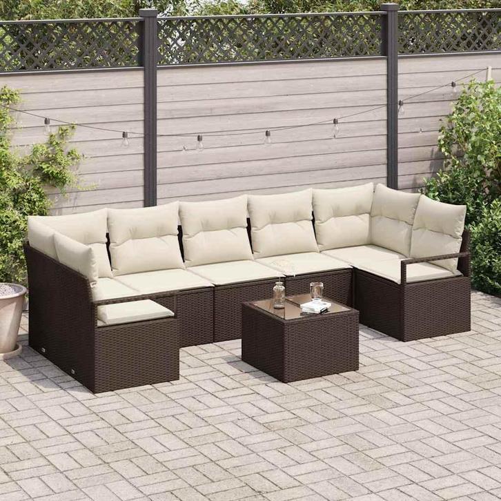 vidaXL Tuin Sofa Set 8 pcs Bruin en Crème Poly rattan, staal, Tuin en Terras, Tuinsets en Loungesets, Nieuw, Rotan, Verzenden