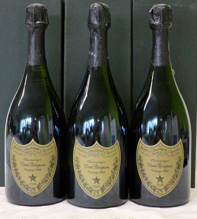 1998 Dom Pérignon - Champagne Brut - 3 Flessen (0.75 liter), Verzamelen, Wijnen