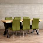Set van 6 leren eetkamerstoelen - met wieltjes - groen leer, Nieuw, Modern, Leer, Ophalen of Verzenden