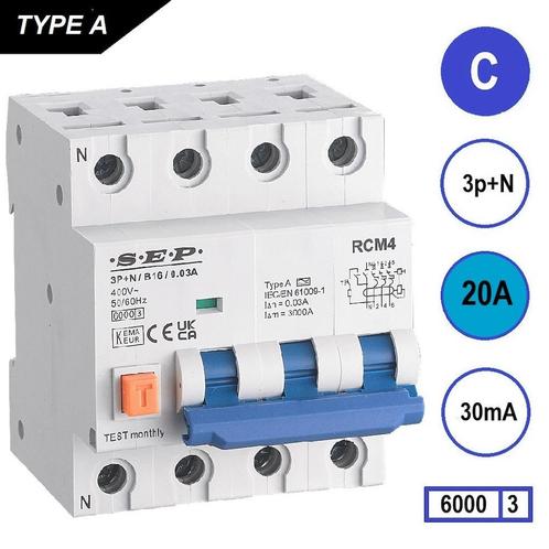 Sep aardlekautomaat C 20A 3P+N 30mA - RCM4, Doe-het-zelf en Verbouw, Elektra en Kabels, Ophalen of Verzenden