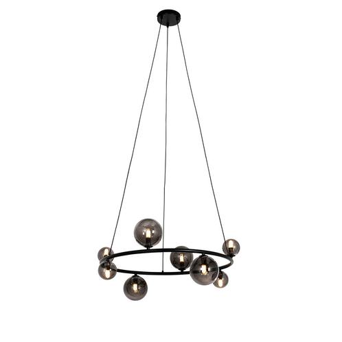 Hanglamp zwart met smoke glas rond 8-lichts - Monaco, Huis en Inrichting, Lampen | Hanglampen