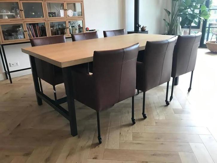Set van 6 leren kuip eetkamerstoelen - met wieltjes -, Huis en Inrichting, Stoelen, Nieuw, Leer, Ophalen of Verzenden