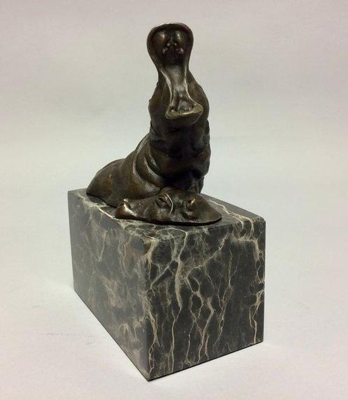 sculptuur, Nijlpaard met jong - 18 cm - Brons, Antiek en Kunst, Curiosa en Brocante
