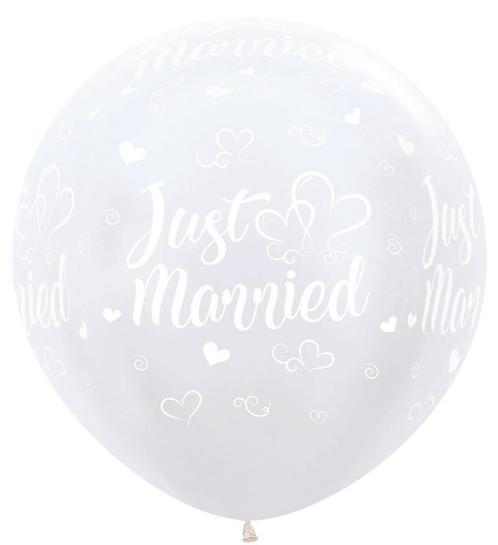 Ballonnen Just Married Hearts Pearl White 91cm 2st, Hobby en Vrije tijd, Feestartikelen, Nieuw, Verzenden