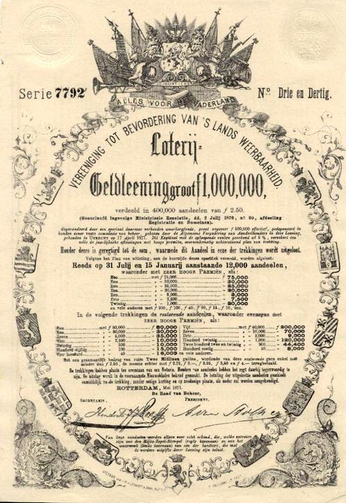 Vereeniging tot bevordering van s lands weerbaarheid., Postzegels en Munten, Aandelen en Waardepapieren, Obligatie of Lening, Voor 1920