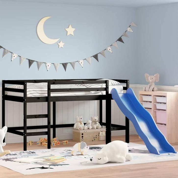 vidaXL Kinderhoogslaper met glijbaan grenenhout zwart 80x200, Huis en Inrichting, Slaapkamer | Bedden, 80 cm, 200 cm, Zwart, Eenpersoons