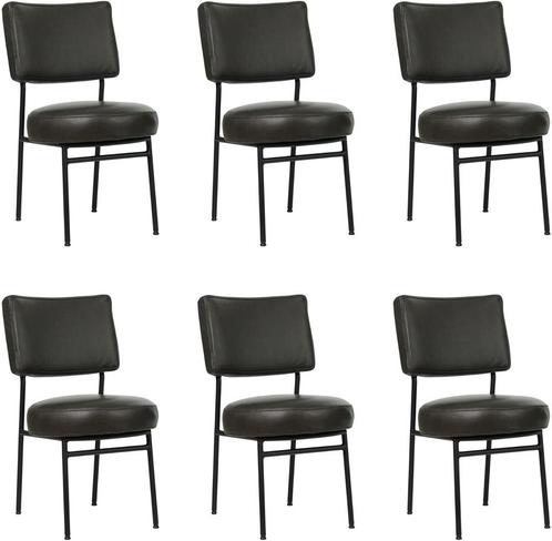 Set van 6 Donkergrijze leren moderne retro eetkamerstoelen -, Huis en Inrichting, Stoelen, Vijf, Zes of meer stoelen, Overige kleuren