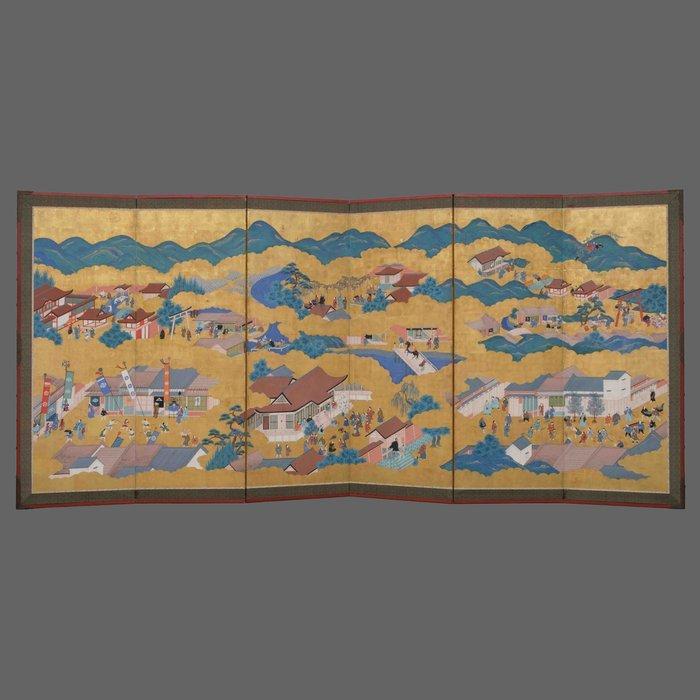 Byôbu  (vouwscherm) - goudblad, gelakt hout, zijde - Japan, Antiek en Kunst, Antiek | Overige Antiek