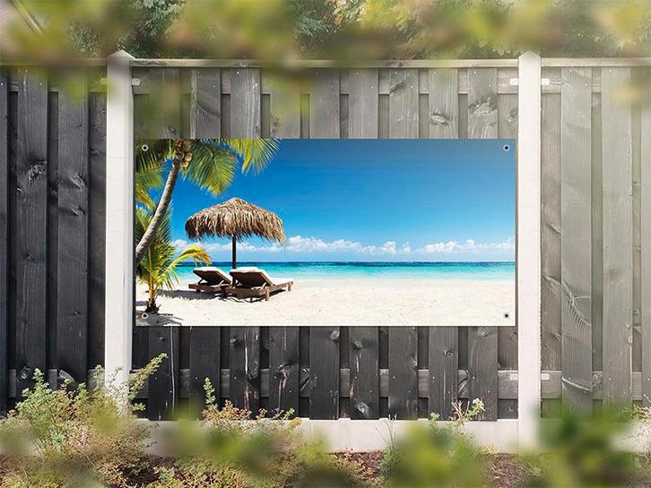NR 1214: Tuinposter Tropisch strand met ligstoelen 90x180cm, Tuin en Terras, Tuinwanddecoratie, Nieuw