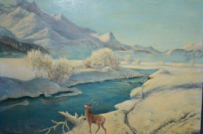 Jean Gouhey - Cerf dans un paysage dhiver, Antiek en Kunst, Kunst | Schilderijen | Klassiek