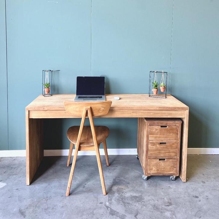 Modern Bureau | Massief Teakhout | Incl. Gratis Ladenkast |, Huis en Inrichting, Bureaus, Nieuw, Bureau, Ophalen of Verzenden