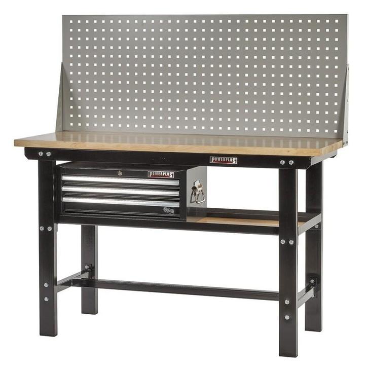 Werkbank zwart 150 cm met hardhouten blad + gereedschapskist, Doe-het-zelf en Verbouw, Werkbanken, Ophalen of Verzenden