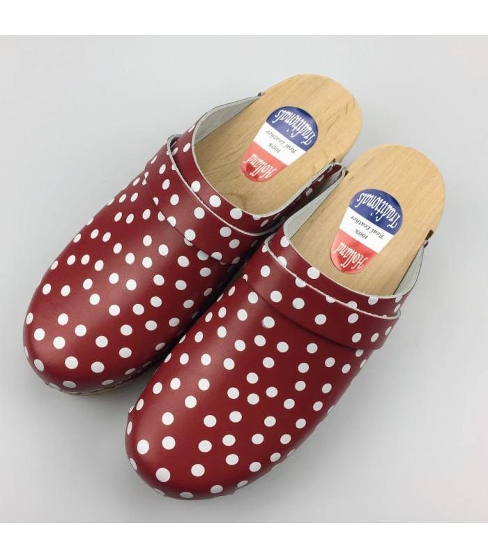 Hippe lederen damesklompen | open hiel rood-wit stip, Kleding | Heren, Schoenen, Nieuw, Ophalen of Verzenden