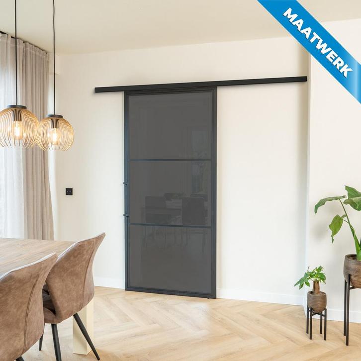 Stalen Schuifdeur met koofsysteem 3 Vlaks Maatwerk Rook glas, Doe-het-zelf en Verbouw, Kozijnen en Schuifpuien, Nieuw, Inclusief glas