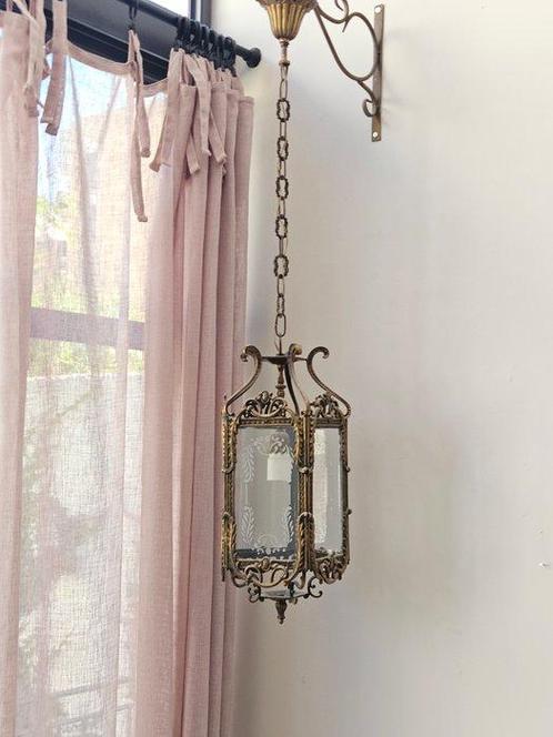 Plafondlamp - Lantaarn - Glas, Messing - versierd glas, Antiek en Kunst, Curiosa en Brocante