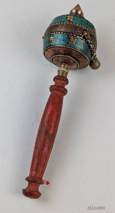Gebedsmolen of gebedswiel - Brons / hout / turquase - midden, Antiek en Kunst, Antiek | Overige Antiek
