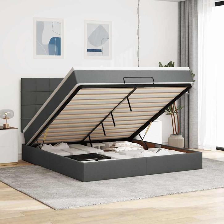 vidaXL Ottoman bed met matras en LEDs 160x200cm stof, Huis en Inrichting, Slaapkamer | Bedden, 160 cm, 200 cm, Grijs, Tweepersoons