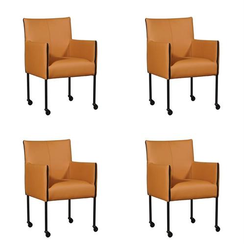 Set van 4 Lichtcognac leren moderne kuipstoel - poot rond zw, Huis en Inrichting, Stoelen, Vier, Overige kleuren, Nieuw, Leer