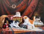 N. Winston (XX-XXI) - Famille de Chats dans une Bibliothèque, Antiek en Kunst, Kunst | Schilderijen | Klassiek