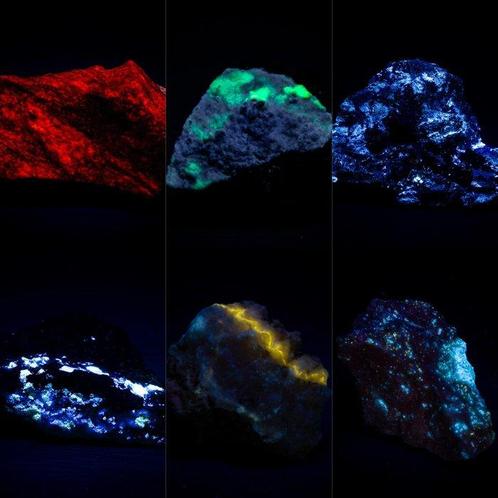 12 Fluorescente mineralen 6 SW + 6 LW Calciet Hyaliet, Verzamelen, Mineralen en Fossielen