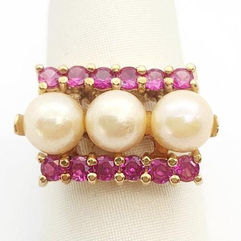 Ring - 18 karaat Geel goud Parel - Robijn, Sieraden, Tassen en Uiterlijk, Ringen
