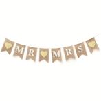 Jute banner met witte letters Mr en Mrs en 3 gouden harten, Verzenden, Nieuw, Versiering, Geboorte of Huwelijk