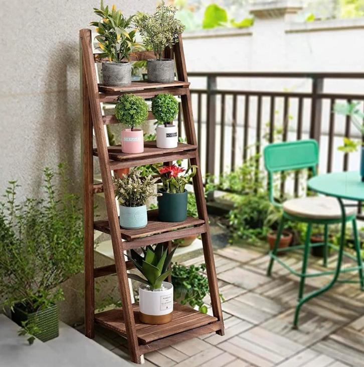 Opvouwbare 4-laags Ladderplank – Houten Boekenkast – Planten, Tuin en Terras, Bloembakken en Plantenbakken, Nieuw, Hout, Binnen