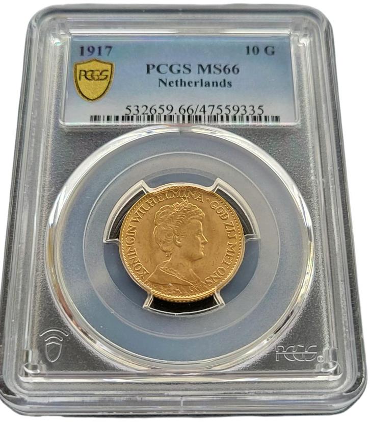 Gouden Wilhelmina 10 gulden 1917 MS66 gecertificeerd PCGS, Postzegels en Munten, Munten | Nederland, Losse munt, 10 gulden, Koningin Wilhelmina