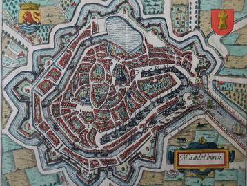 Gravure kleur plattegrond Middelburg Blaeu Guicciardini 1612 beschikbaar voor biedingen