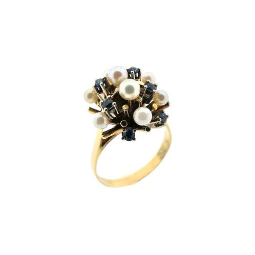 Gouden cocktailring met parels en saffier (gouden sieraden), Sieraden, Tassen en Uiterlijk, Ringen, Dame, Met edelsteen, Overige kleuren